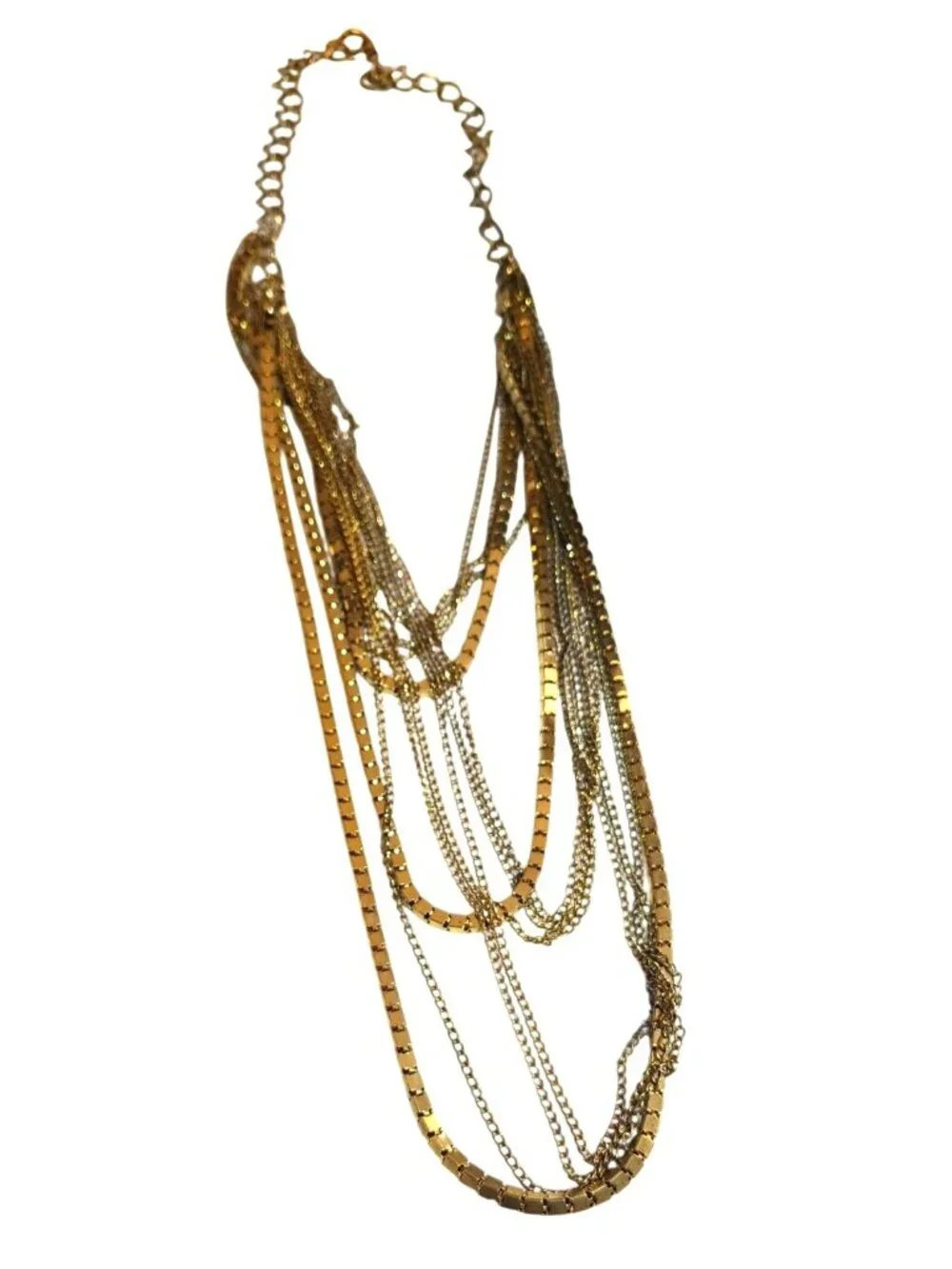 Vintage 1980s Multi Strand Gold Tone Necklace Block & Link Chains Disco Flapper